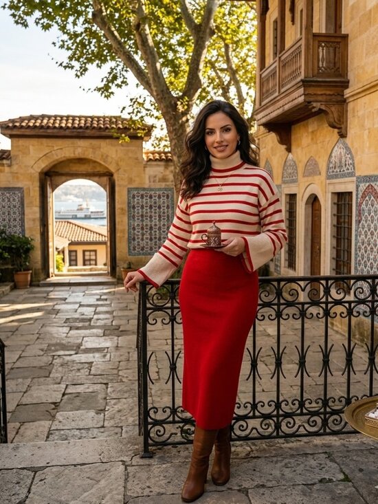 Dresses & Skirts - Turkish Cozy Ribbed Stripe Knit Set - Red/Cream Co-ord (Fits Small-Medium)